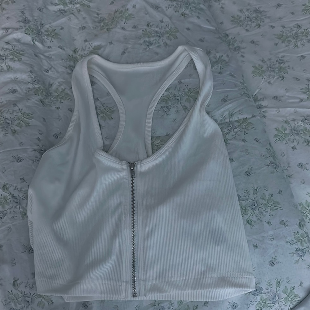 White Ribbed Zip-Up Tank Top